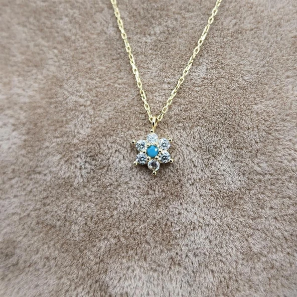 Gümüş Kolye - Ortası Firuze (Turkuaz) Taşlı Çiçek Tasarımlı Nano Has Taşlı 925 Ayar Gümüş Kolye - 6