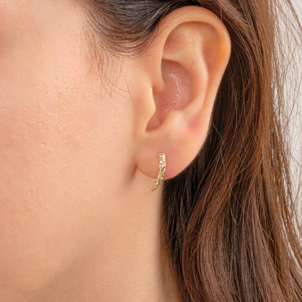 Gümüş Küpe - 925 Ayar Gümüş Minimal Taşlı Dövülü Küpe - 3