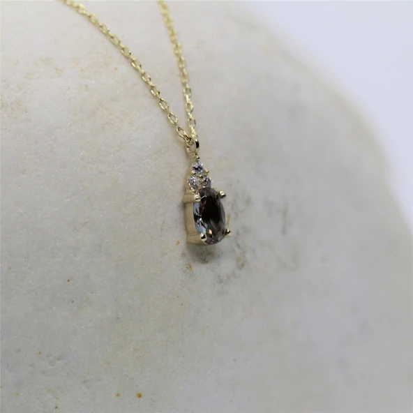 Gümüş Kolye - 0.60 CT Zultanit 0.10 CT Pırlanta(Sıignity)Taşlı Modern Tasarım Kolye- Hediyelik Kolye - 5