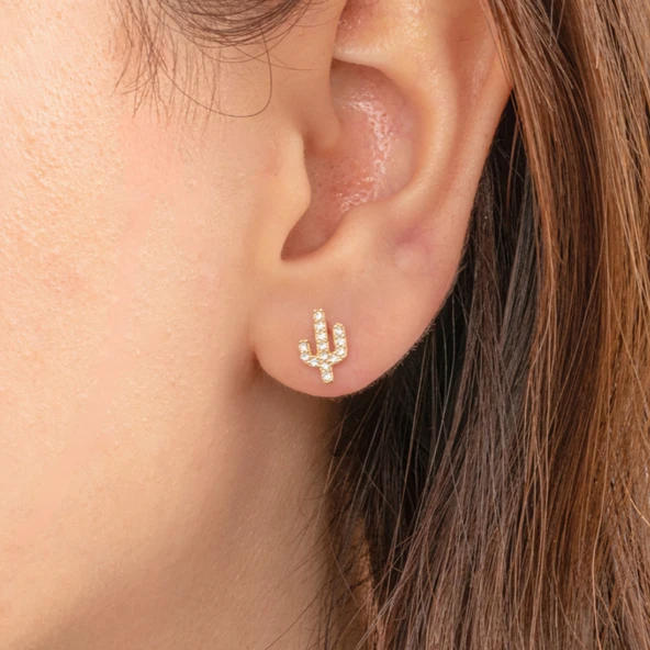 Gümüş Küpe - 925 Ayar Gümüş Minimal Taşlı Kaktüs Figürlü Küpe - 3