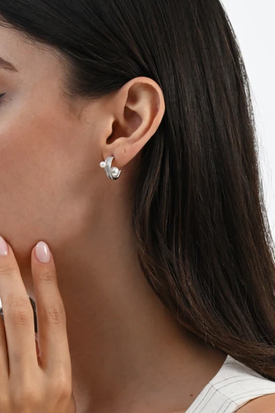 Gümüş rodyumlu zirkon taşlı modern kavisli inci küpe SGTL13024RODAJ - Resim 2