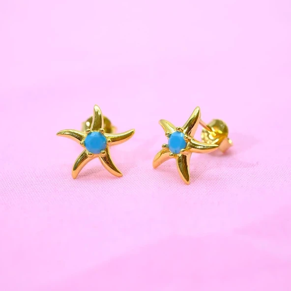 Gümüş Küpe - Kadın Yuvarlak Firuze (Turkuaz) Taşlı Deniz Yıldızı 925 Ayar Gümüş Küpe