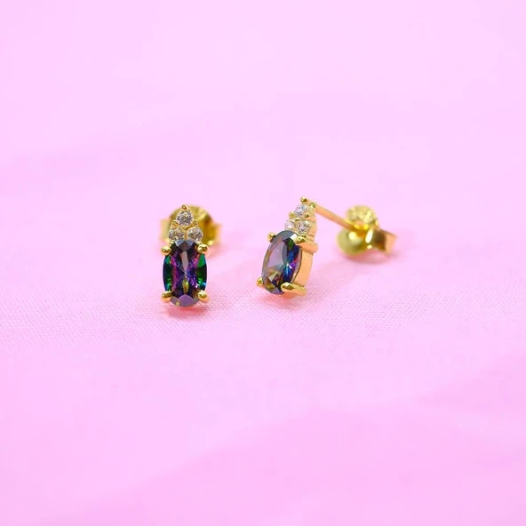 Gümüş Küpe - Kadın Oval Kesim 1.10 Karat Mistik Topaz Taşlı Modern 925 Ayar Gümüş Küpe