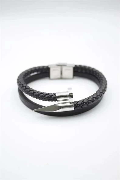 Deri Çivi Bileklik - Gümüş - Resim 2