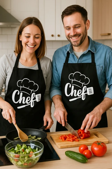 2’li Chef Baskılı Su Geçirmez Mutfak Önlüğü Siyah Renk – Leke Tutmaz Dayanıklı Kumaş