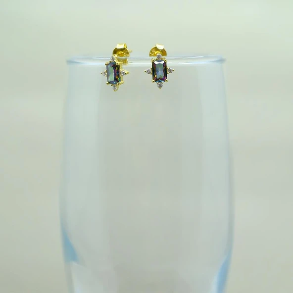 Gümüş Küpe - Octagon Kesim Mistik Topaz Taşlı 0.95 Karat Pırlanta Montürü 925 Ayar Gümüş Küpe - 6