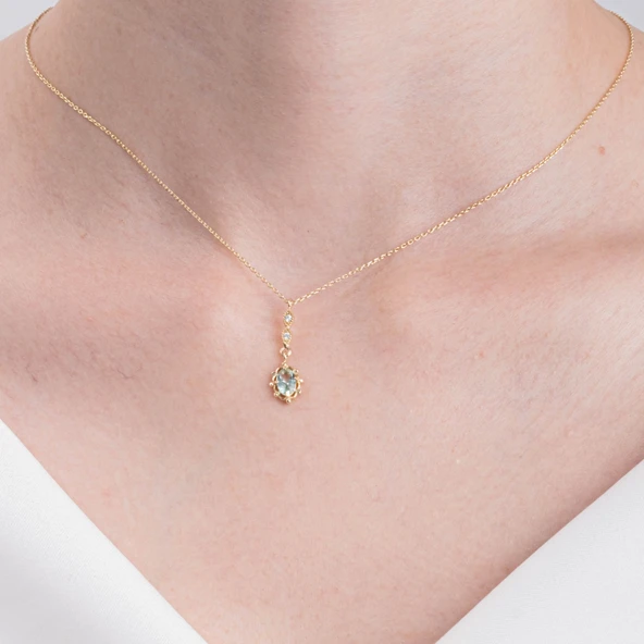 Gümüş Kolye - Vintage Tasarım Sallantılı Oval Su Yeşili Taşlı Zirkon Taşlı 925 Ayar Gümüş Kolye - 6