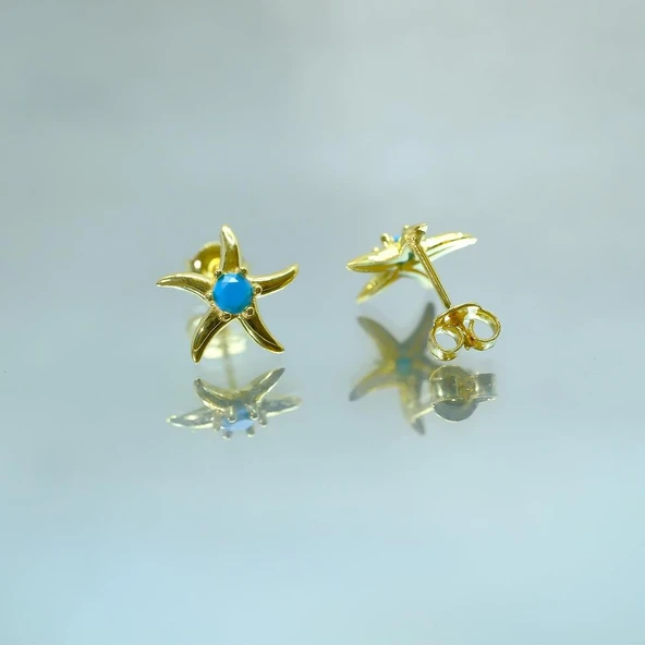 Gümüş Küpe - Kadın Yuvarlak Firuze (Turkuaz) Taşlı Deniz Yıldızı 925 Ayar Gümüş Küpe - 4