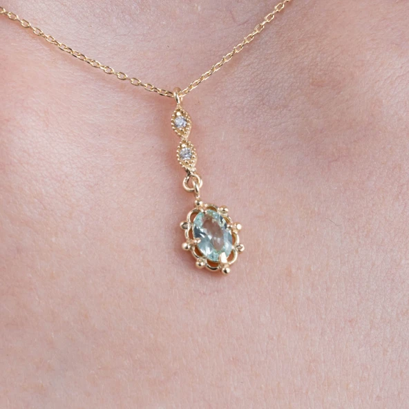 Gümüş Kolye - Vintage Tasarım Sallantılı Oval Su Yeşili Taşlı Zirkon Taşlı 925 Ayar Gümüş Kolye - 2