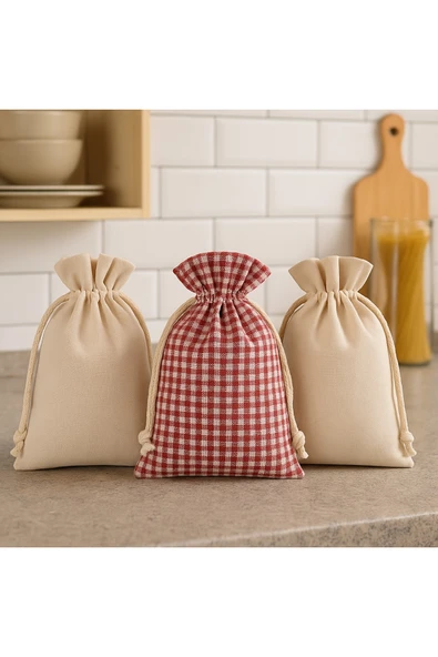 Kuru Gıda ve Kahve Saklama Kesesi 3’lü Set Pamuklu Büzgülü Kumaş Kese