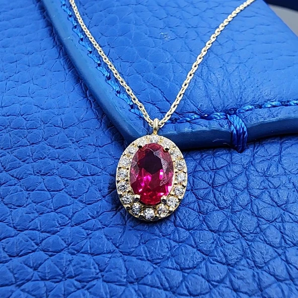 Gümüş Kolye - Lal Taşlı Vintage 925 Ayar Gümüş Kolye-Lal Taşlı Divarane Taşlı Hediyelik Gümüş Kolye - 6