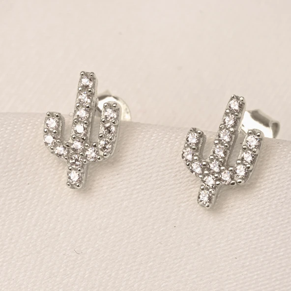 Gümüş Küpe - 925 Ayar Gümüş Minimal Taşlı Kaktüs Figürlü Küpe - 8