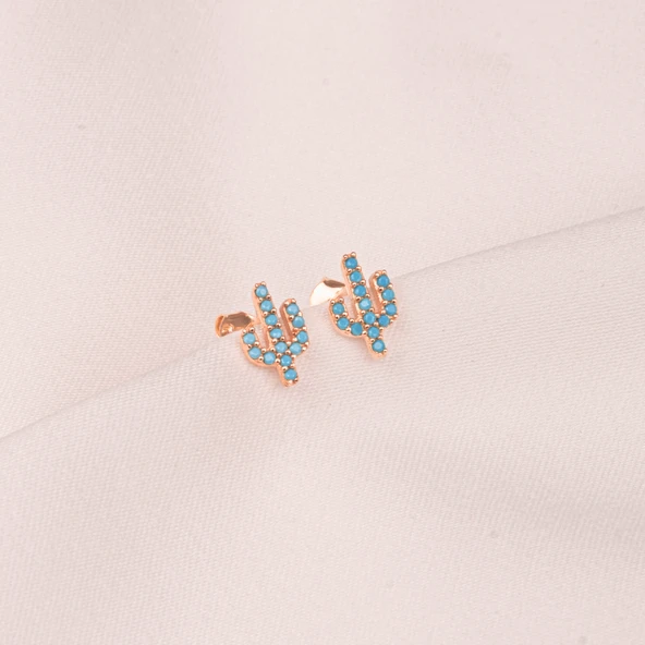 Gümüş Küpe - 925 Ayar Gümüş Minimal Kaktüs Modelli Firuze (Turkuaz) Taşlı Küpe - 5