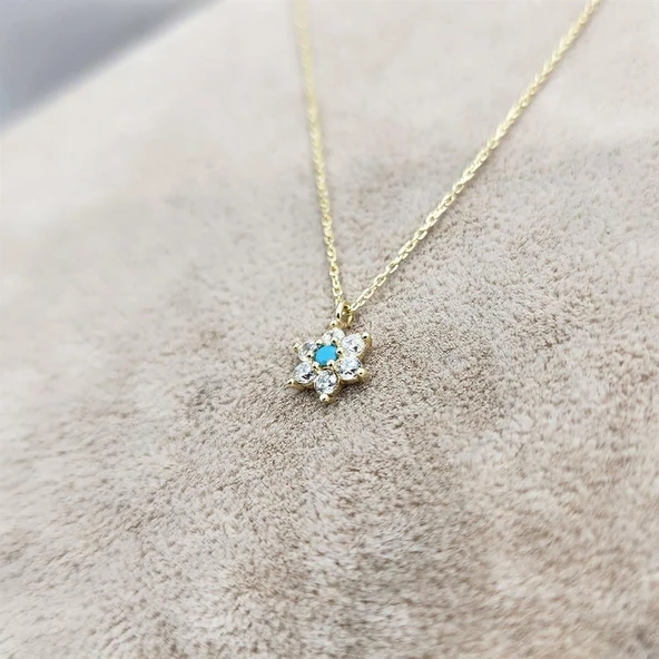 Gümüş Kolye - Ortası Firuze (Turkuaz) Taşlı Çiçek Tasarımlı Nano Has Taşlı 925 Ayar Gümüş Kolye - 8