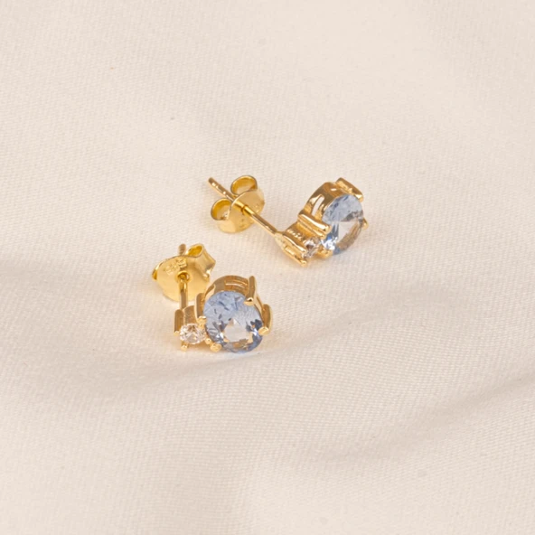 Gümüş Küpe - 925 Ayar Gümüş Oval Blue Topaz Taşlı Tektaş Küpe - 5