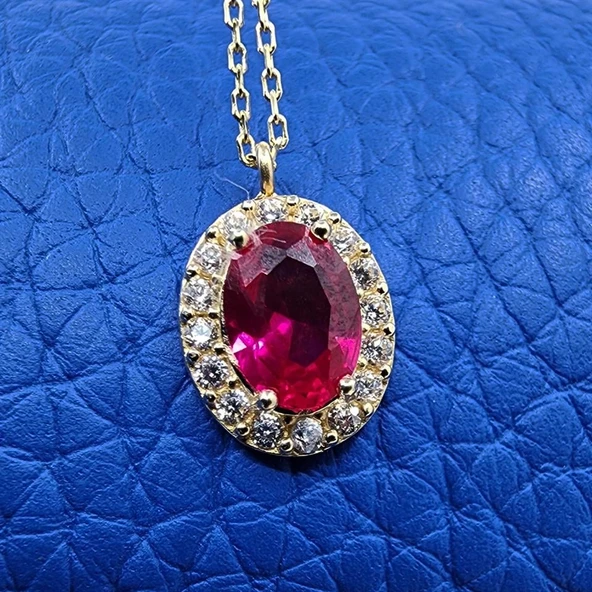 Gümüş Kolye - Lal Taşlı Vintage 925 Ayar Gümüş Kolye-Lal Taşlı Divarane Taşlı Hediyelik Gümüş Kolye - 9