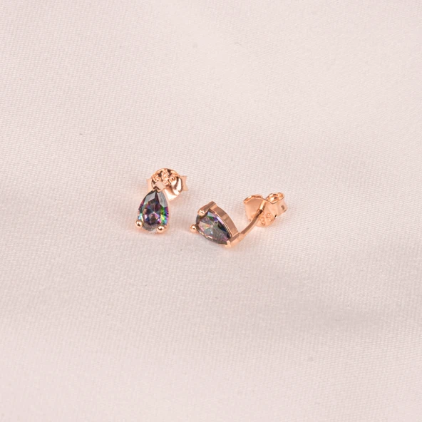 Gümüş Küpe - 925 Ayar Gümüş Damla Desenli Mistik Topaz Taşlı Küpe - 5