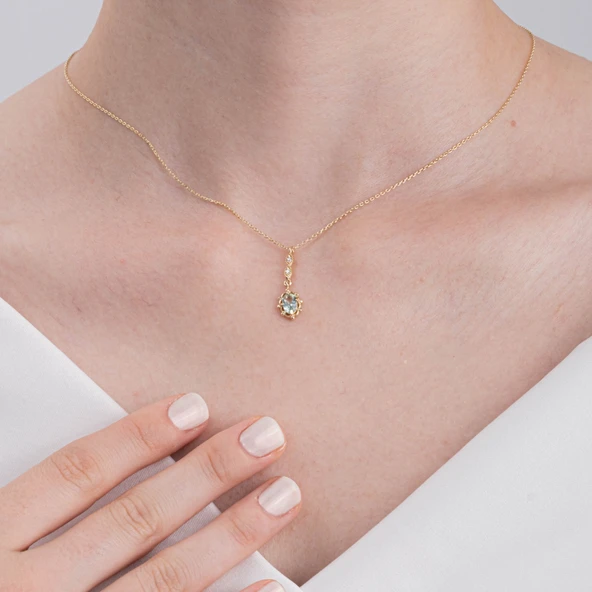 Gümüş Kolye - Vintage Tasarım Sallantılı Oval Su Yeşili Taşlı Zirkon Taşlı 925 Ayar Gümüş Kolye - 5