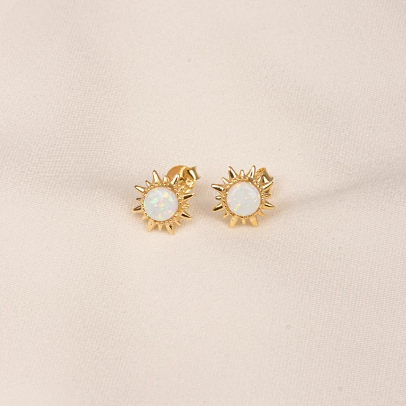 Gümüş Küpe - 925 Ayar Gümüş Opal Taşlı Güneş Desenli Küpe - 6