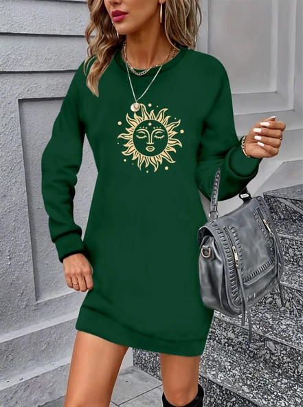 Kadın Uzun Kollu Bisiklet Yaka Güneş Desenli Viskon Iki Iplik Elbise ürün görseli 1