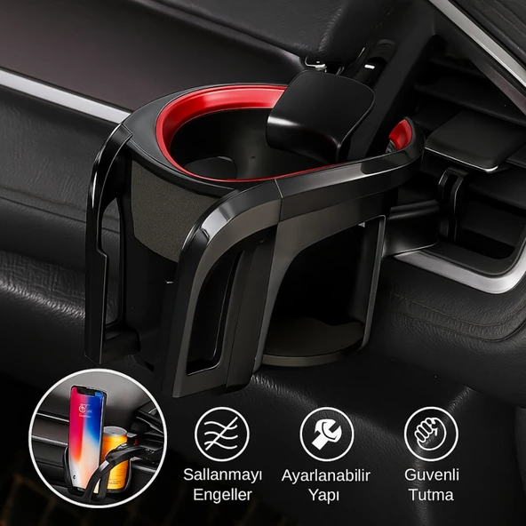 Polham Araç Telefon ve Bardak Tutucu – Sallanmayı Engeller, Ayarlanabilir Yapı, Havalandırma Izgarası Montajlı ürün görseli 1