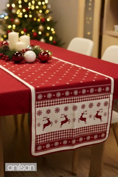 Kırmızı Noel Desenli Masa Runner Geyik ve Kar Tanesi Yılbaşı Masa Örtüsü 50x160 ürün görseli