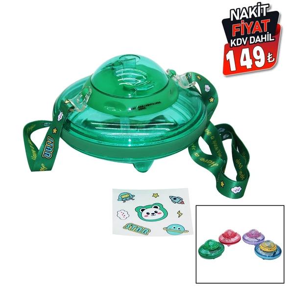 UFO MODELİ RENKLİ MİKA KRİSTAL SULUK MATARA PİPETLİ - TAŞIMA ASKILI 550ML ( HERHANGİ BİR RENK  GÖNDERİLİR )  (5284) - Resim 2