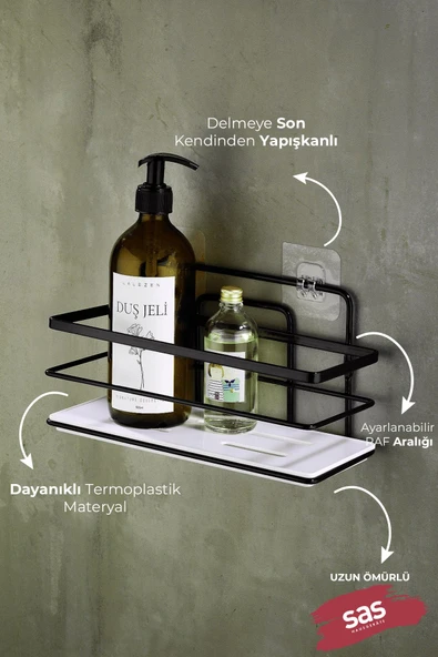 Yapışkanlı Ayarlanabilir Tekli Banyo Duş Rafı – Paslanmaz Kristal Şampuanlık (Yapıştır/Vidala) Siyah-Beyaz - LŞ-01 - SB - Resim 2