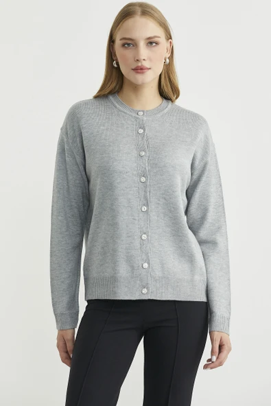 Düğme Detaylı Sıfır Yaka Triko Hırka - Gri ürün görseli