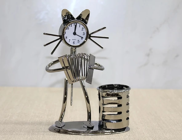Metal Akordiyon Çalan Müzisyen Kedi Müzisyen Saat Ve Kalemlik ürün görseli 1