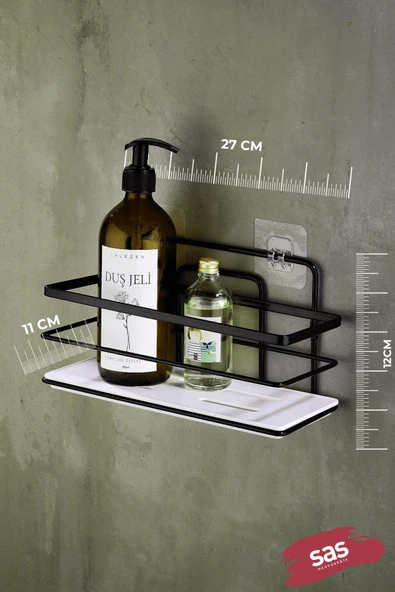 Yapışkanlı Ayarlanabilir Tekli Banyo Duş Rafı – Paslanmaz Kristal Şampuanlık (Yapıştır/Vidala) Siyah-Beyaz - LŞ-01 - SB - Resim 3