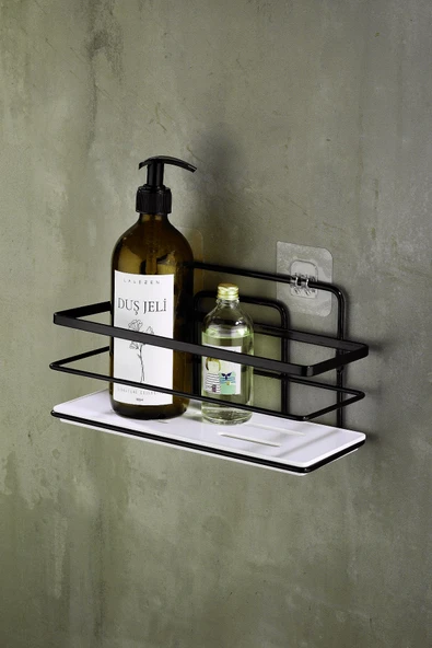 Yapışkanlı Ayarlanabilir Tekli Banyo Duş Rafı – Paslanmaz Kristal Şampuanlık (Yapıştır/Vidala) Siyah-Beyaz - LŞ-01 - SB - Resim 4