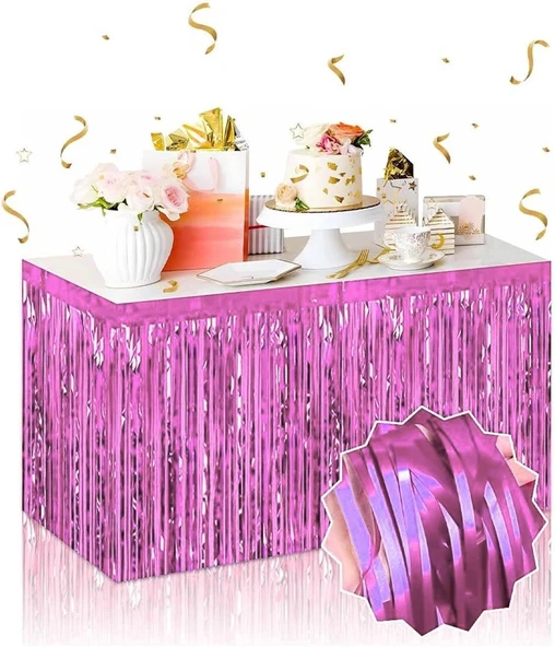 Kendinden Yapışkanlı Pembe Metalize Püsküllü Masa Eteği ürün görseli 1