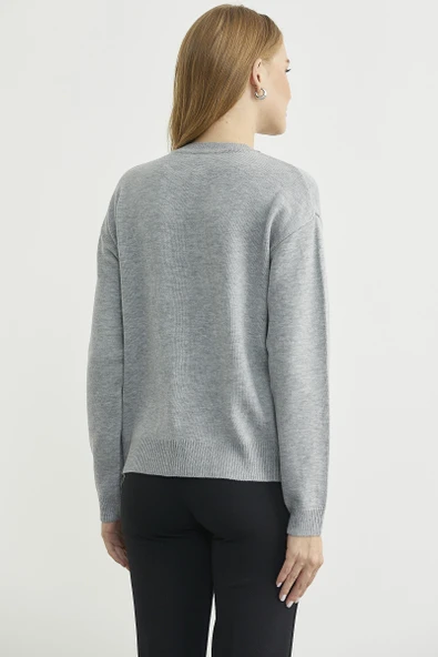 Düğme Detaylı Sıfır Yaka Triko Hırka - Gri - Resim 6