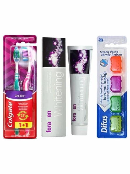 Colgate Zigzag Orta Diş Fırçası 1+1+Foramen Beyazlatıcı Diş Macunu 125 Gr+Difaş Diş Fırçası Kepi 4'Lü