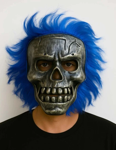 Wild Skull - Gümüş Kafatası Mavi Saçlı İskelet Maske ürün görseli 1