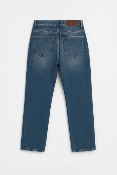 Kadın Yüksek Bel Straight Fit Mavi Dizi Yırtık Jean Pantolon - Resim 3