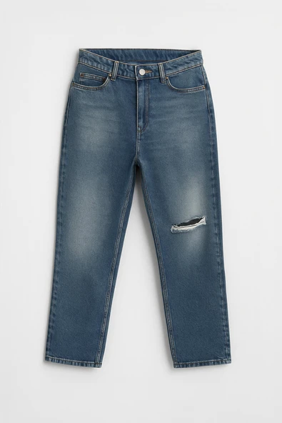 Kadın Yüksek Bel Straight Fit Mavi Dizi Yırtık Jean Pantolon - Resim 2