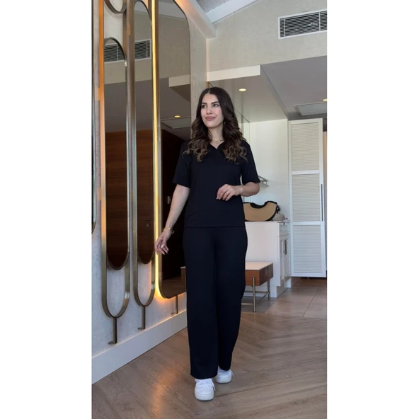 Lucky Life Kadın Kısa Kollu Yakalı Viskon Iki Iplik Bluz Ve Pantolon Ikili Takım - Resim 2