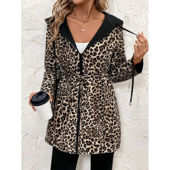 Luck Life Lucky Life Kadın Uzun Kollu Kapşonlu çift Taraflı Cepli Bağcıklı Fermuarlı Viskon Iki Iplik Ceket - 4