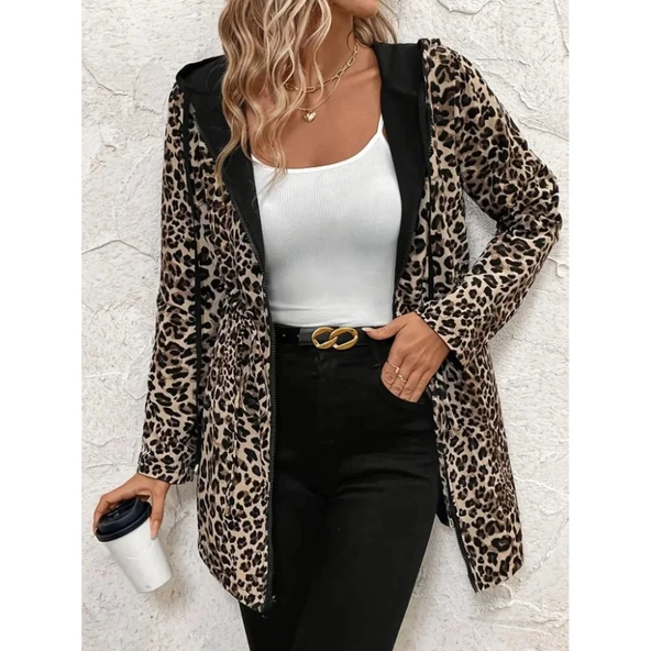 Luck Life Lucky Life Kadın Uzun Kollu Kapşonlu çift Taraflı Cepli Bağcıklı Fermuarlı Viskon Iki Iplik Ceket - 5