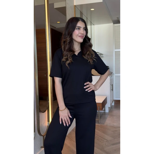 Lucky Life Kadın Kısa Kollu Yakalı Viskon Iki Iplik Bluz Ve Pantolon Ikili Takım ürün görseli