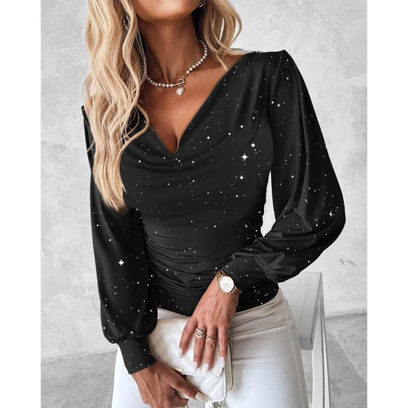 Lucky Life Kadın Uzun Kollu Degaje Yaka Taşlı Sandy Bluz - 3