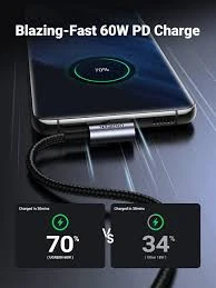 Ugreen Usb-C 60W 3A Qc Pd 90 Derece Örgülü Hızlı Şarj Kalosu, 2 Metre, Siyah, 50125 - Resim 2