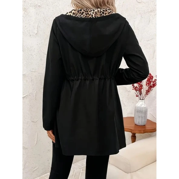 Luck Life Lucky Life Kadın Uzun Kollu Kapşonlu çift Taraflı Cepli Bağcıklı Fermuarlı Viskon Iki Iplik Ceket - 3