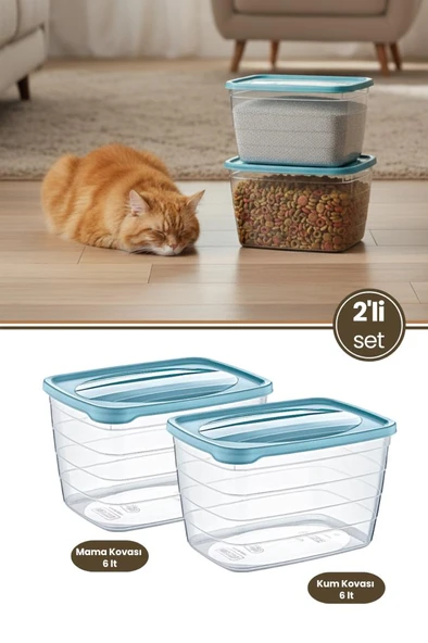 2’li Evcil Hayvan Mama ve Kum Kovası Seti, Kapaklı Kedi Köpek Mama ve Kum Saklama Kabı Kutusu 6lt ürün görseli 1