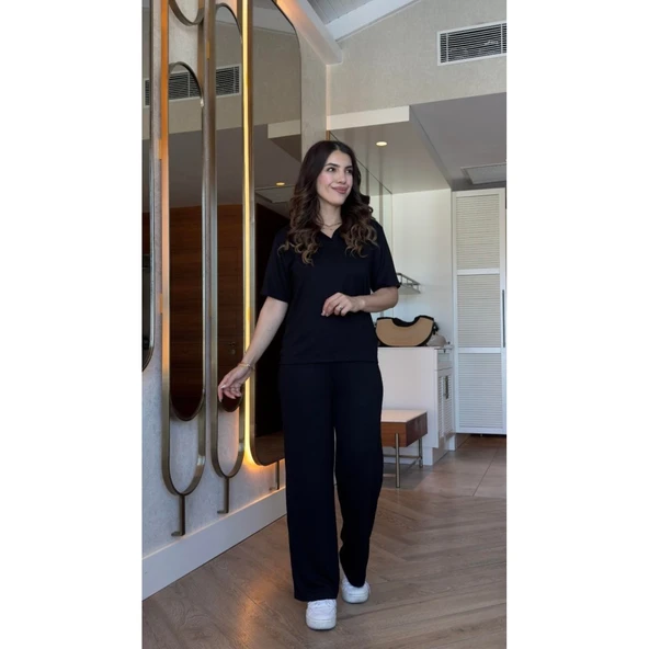 Lucky Life Kadın Kısa Kollu Yakalı Viskon Iki Iplik Bluz Ve Pantolon Ikili Takım - Resim 4