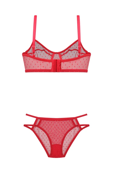 Kadın Kırmızı Puanlı Tül Sütyen Takımı - Resim 2
