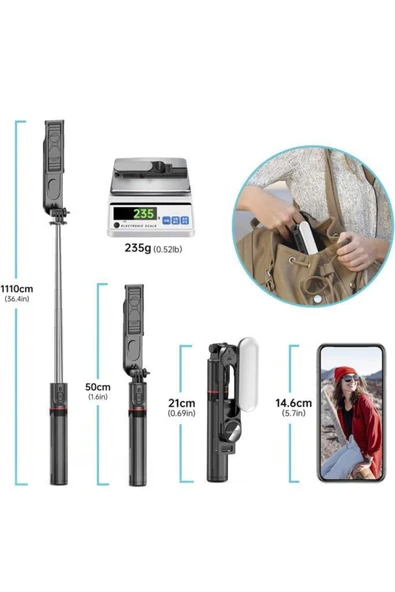 L15 Led Işıklı Selfie Çubuğu Kablosuz Tripot Selfie Monopod Selfie Stick - Resim 5