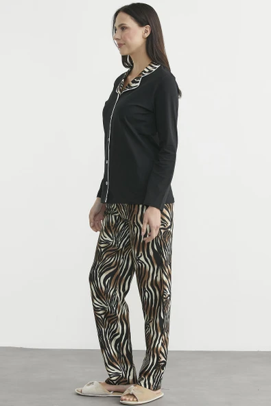 Desen Kombinli Düğmeli Pijama Takım - Siyah - Resim 4